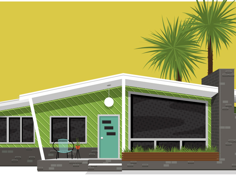 Mid Century House 1970 1960 vintage palm trees yellow teal green eames eichler retro midcentury mid century