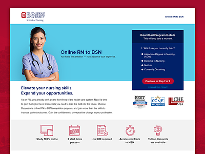 Duquesne Online Nursing Landing Page bootstrap conversion education hero landing page lead form leads lp nursing pay per click school stroke icons