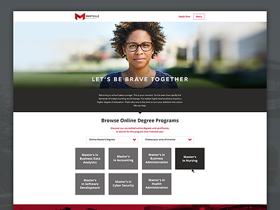 Maryville University Online apply now bootstrap degree type footer hero lead form online education selector university user experience ux web design
