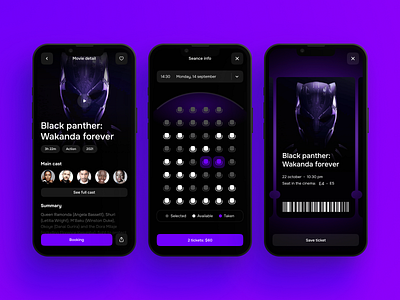 Mobile application for choosing and buying movie tickets app application booking booking ticket cinema dark film interface ios mobile mobile design movie ticket ui