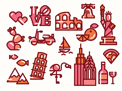 Travel Icons flamingo icons italy liberty bell map miami new york city philadelphia rome travel vespa wine