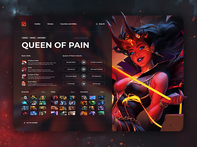 DOTA 2 Guidelines - Queen of Pain | Shot for practice character concept design dota dota 2 dota 2 redesign dota character game game character game design game ui gaming guide header hero queen of pain redesign ui ui design web design