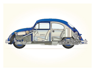 Volkswagon Beetle blue car cross section engine illustration illustrator vw