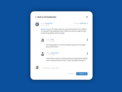 OKR Feedback UX - Comment & Replies comment design desktop feedback management okr people performance reply ui ux