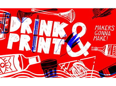 Poster for ' Drink & Print' event design digital art editorial illustration lettering letters linocut photoshop poster poster art
