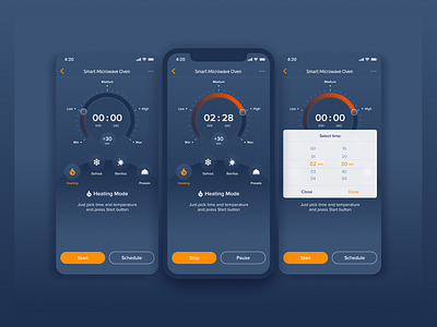 Microwave oven control app (Heating Mode) app app design clean ui control dashboad design ios iphone x microwave oven mode modern design oven picker remote smart home smart oven temperature time ui ux