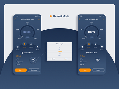 Microwave oven control app (Defrost Mode) app app design clean ui darkmode easy to use ios microwave oven modern modern design oven oven control picker remote control smart oven smarthome temperature time time picker ui ux