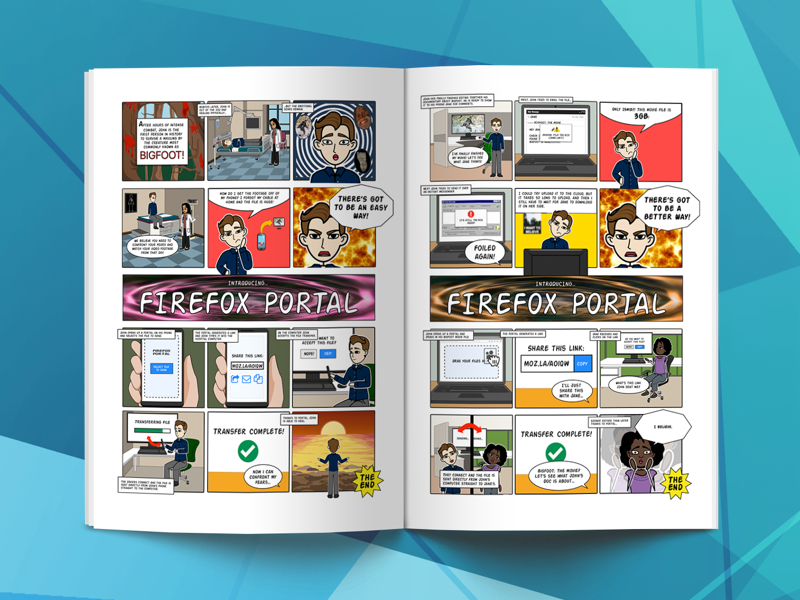 Firefox File Sharing User Stories storyboard cartoon comicbook book comicstrip strip comic products ux ui browsers firefox
