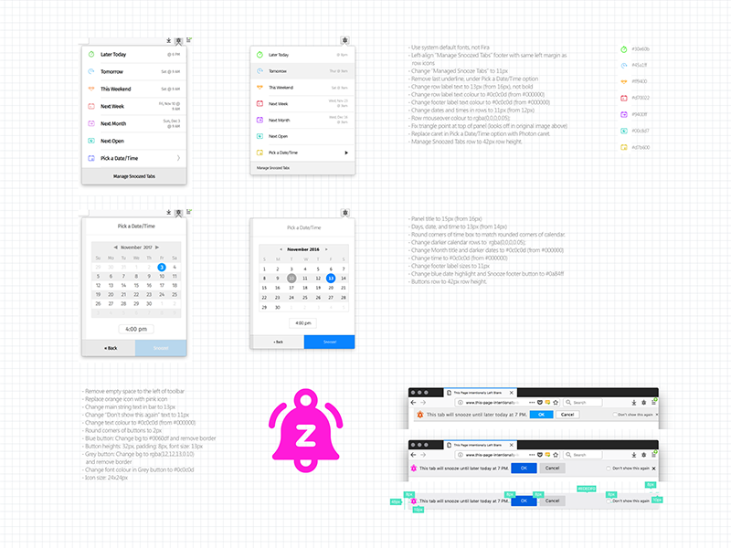 Snooze Tabs Photon Update design colors icons menus dropdowns bars notifications panels firefox mozilla ux ui