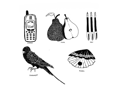 “P” things childrens illustration design food fruit illustration illustration art ipadpro parakeet pearl pears pens phones procreate