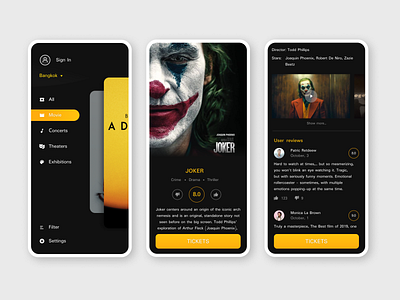 Movie & other events app app app design application cinema dark events film interface iphone joker mobile mobile ui movie movie app uiux