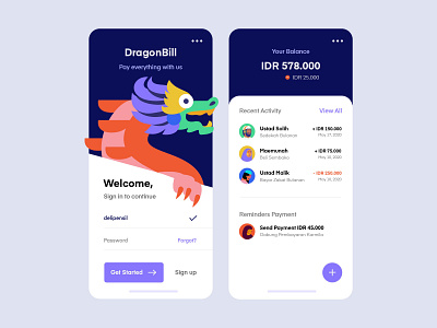 DragonBill Payment Mobile App app bank bank app banking bitcoin clean currency illustration inspiration invoice mobile payment purple ui uiux ux vector