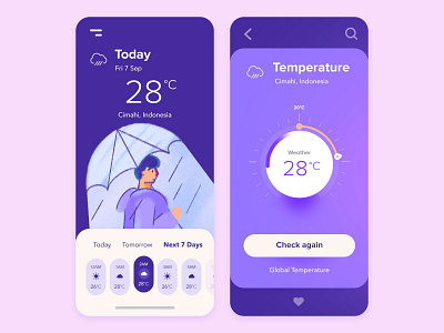 Weather App app clean illustrations minimal mobile rain temperature ui uiux ux weather