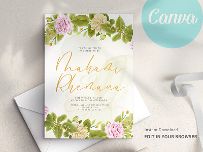 Free Canva Soft Watercolor Roses wedding Card template frame
