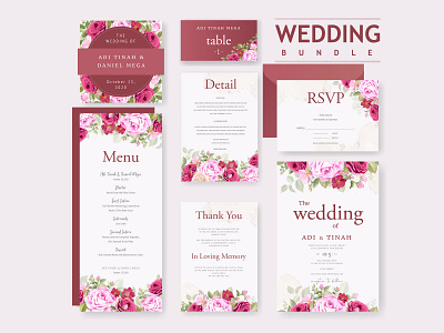 wedding invitation bundle with beautiful flowers and leaves