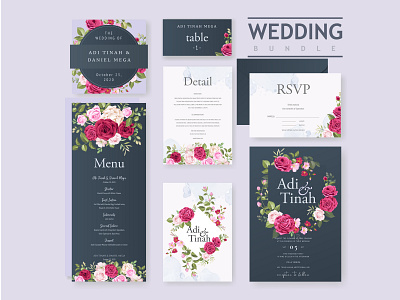 wedding invitation bundle with beautiful flowers and leaves