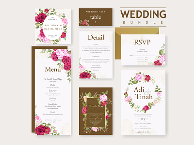 wedding invitation bundle with beautiful flowers and leaves