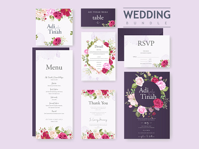 wedding invitation bundle with beautiful flowers and leaves