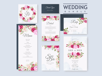 wedding invitation bundle with beautiful flowers and leaves