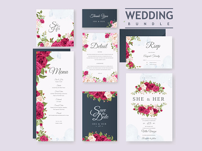 wedding invitation bundle with beautiful flowers and leaves