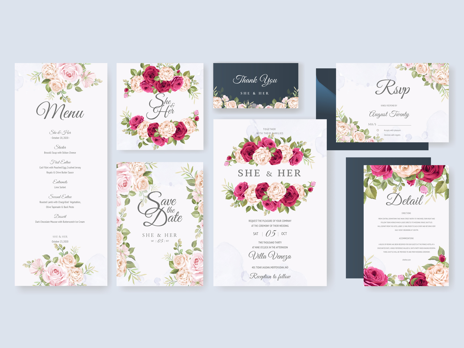 Wedding card set with floral and leaves background template by ...