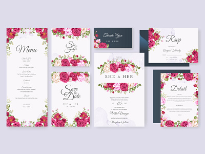 Wedding card set with floral and leaves background template