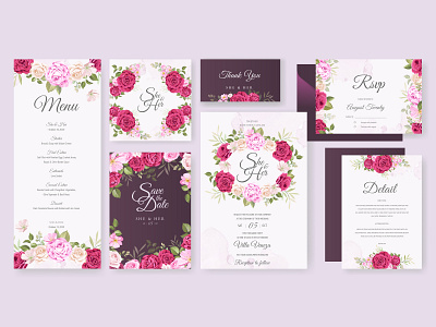 Wedding card set with floral and leaves background template