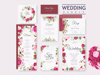 wedding invitation bundle with beautiful flowers and leaves