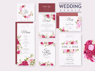 wedding invitation bundle with beautiful flowers and leaves