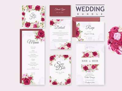 wedding invitation bundle with beautiful flowers and leaves