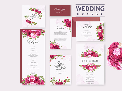 wedding invitation bundle with beautiful flowers and leaves