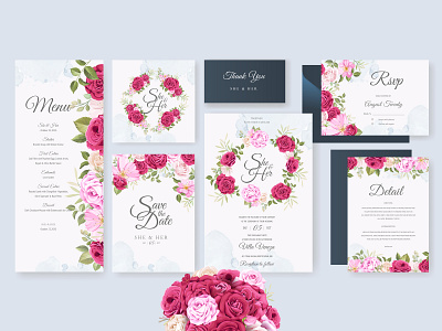 wedding invitation bundle with beautiful flowers and leaves