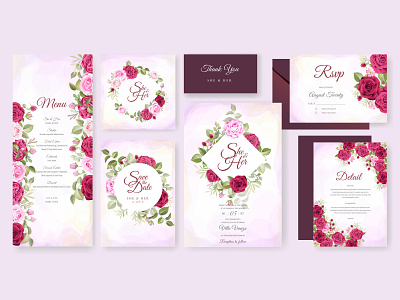 wedding invitation set with beautiful flowers and leaves beautiful border bouquet card decoration decorative design elegant floral flower frame illustration invitation invite leaf rose set vector vintage wedding