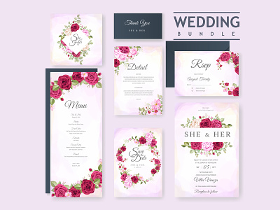 wedding invitation bundle with beautiful flowers and leaves