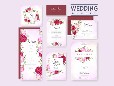 wedding invitation set with beautiful flowers and leaves beautiful border bouquet card decoration decorative design elegant floral flower frame illustration invitation invite leaf rose set vector vintage wedding