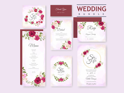 wedding invitation set with beautiful flowers and leaves