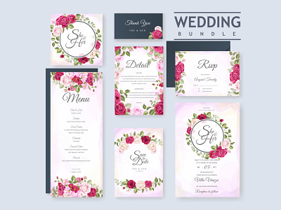 Wedding card set with floral and leaves background template