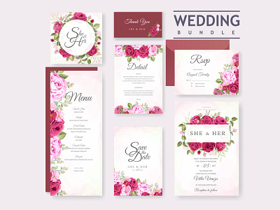 Wedding card set with floral and leaves background template