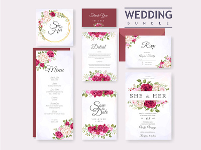 Wedding card set with floral and leaves background template