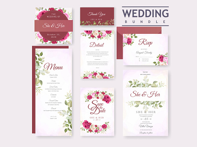 Wedding card set with floral and leaves background template