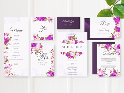 wedding invitation set with beautiful flowers and leaves
