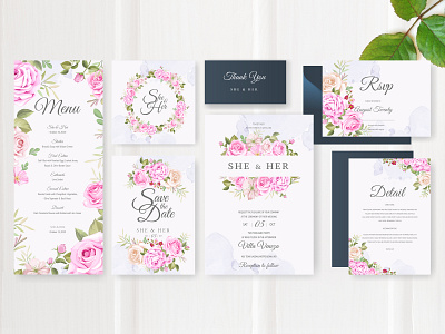 wedding invitation set with beautiful flowers and leaves beautiful border bouquet card decoration decorative design elegant floral flower frame illustration invitation invite leaf rose set vector vintage wedding