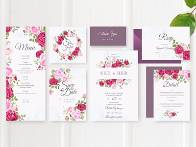 wedding invitation set with beautiful flowers and leaves