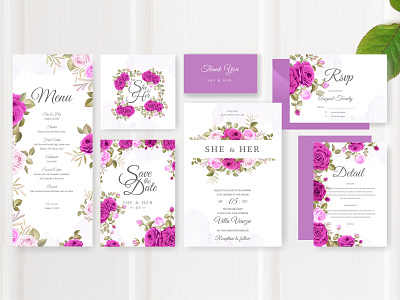 wedding invitation set with beautiful flowers and leaves beautiful border bouquet card decoration decorative design elegant floral flower frame illustration invitation invite leaf rose set vector vintage wedding