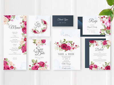 wedding invitation set with beautiful flowers and leaves