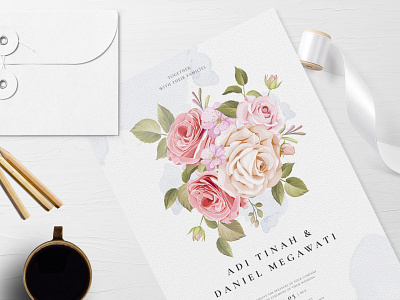 wedding invitation set with beautiful flowers and leaves beautiful border bouquet card decoration decorative design elegant floral flower frame illustration invitation invite leaf rose set vector vintage wedding