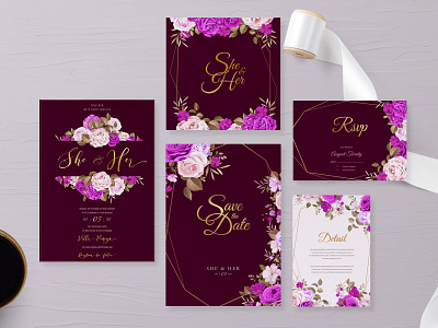 wedding invitation set with beautiful flowers and leaves beautiful bouquet card decoration design floral flower frame greeting illustration invitation leaf nature plant purple set spring summer vintage wedding