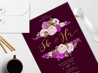 wedding invitation set with beautiful flowers and leaves beautiful bouquet card decoration design floral flower frame greeting illustration invitation leaf nature plant purple set spring summer vintage wedding