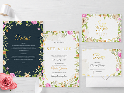 wedding invitation set with beautiful flowers and leaves beautiful border bouquet card decoration decorative design elegant floral flower frame illustration invitation invite leaf rose set vector vintage wedding