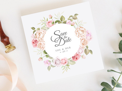 wedding invitation card with beautiful flowers leaves